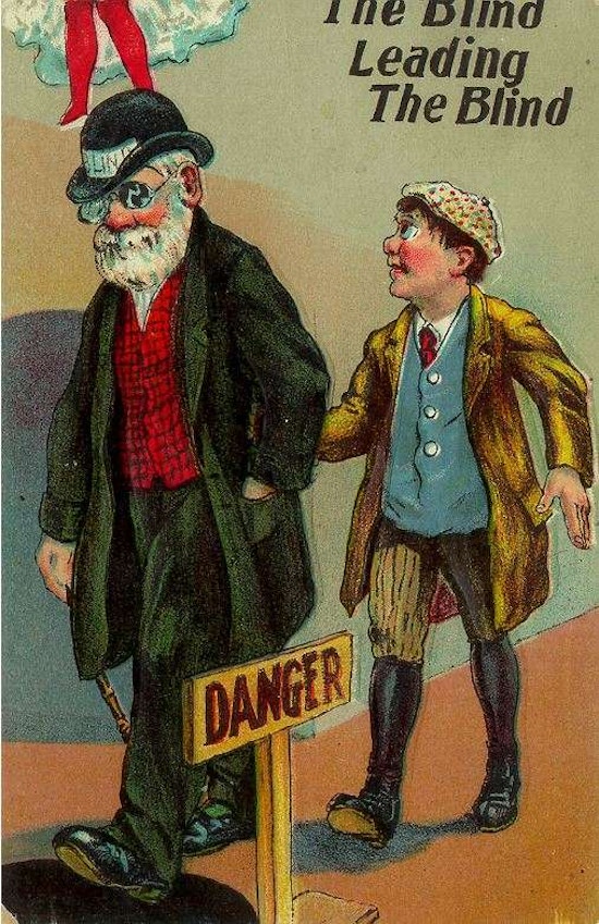 Bright color illustration of an elderly blind man leading a young blind boy past a "Danger" sign