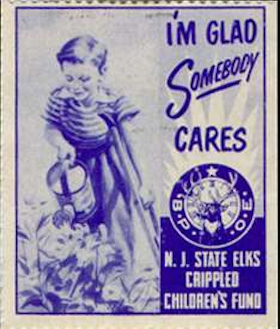 Stamp showing a young boy, using crutches, watering flowers with a watering can.