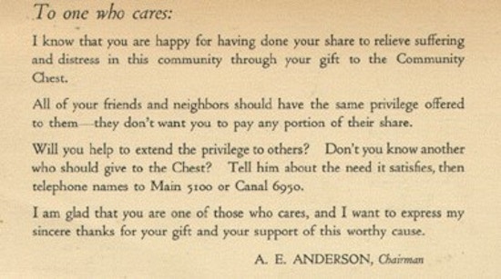 Form note, from the back of a postcard, from the Chairman of the Community Chest thanking donors for their contributions and soliciting the names of other potential donors.