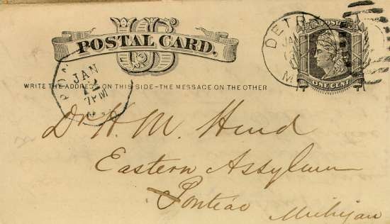 Handwritten postcard address- "Dr. H. M. Hurd, Eastern Assylum, Pontiac, Michigan"