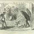 An illustration depicting Tom Thumb fending off a small dog with his cane, to the apparent amusement of an adult crowd in a parlor.