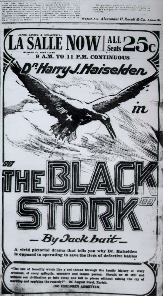 Near full page newspaper ad for The Black Stork at the LaSalle Theater.  A spread wiinged black stork flies through the air over the title.