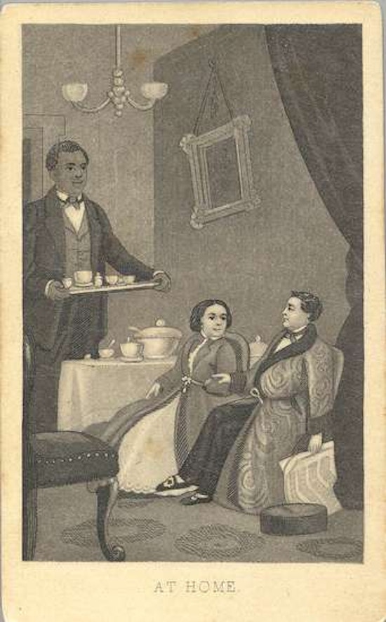 Mr. and Mrs. Tom Thumb sit in a parlor dressed casually as a servant waits on them.