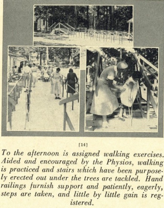 Three photographs of physical therapists and patients walking.
