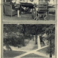 Two photographs -- one of children around a table, the other of walkways leading to cottages.