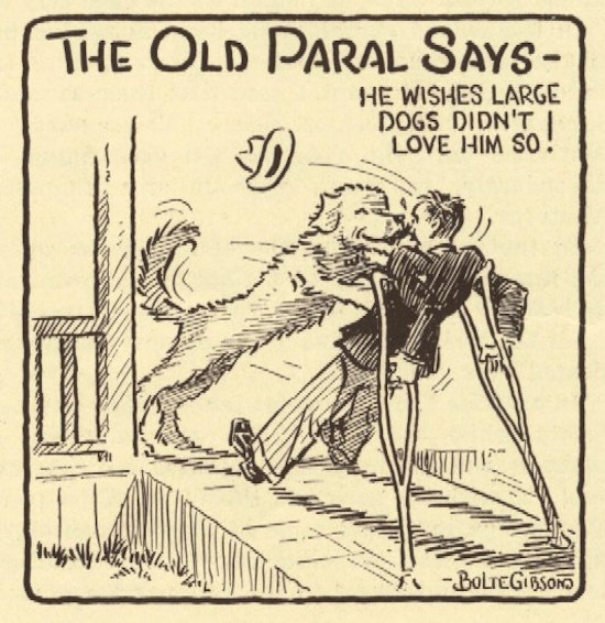 A cartoon of a man on crutches being greeted by a dog at the door.