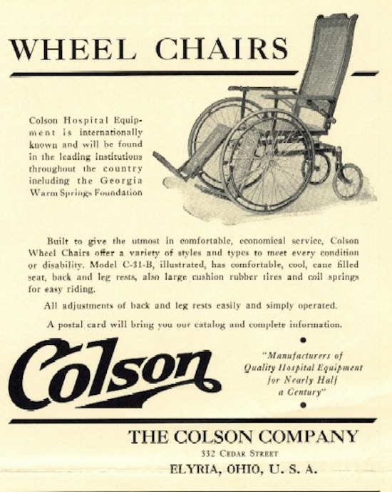Advertisement with a picture of a cane-backed wheelchair.