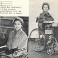 Two photographs of a woman in a wheelchair wearing a cape.
