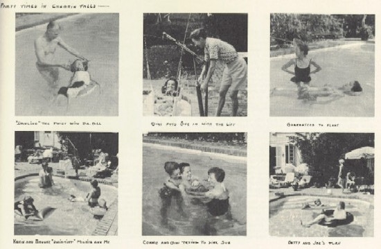 Six photographs of people in a swimming pool.