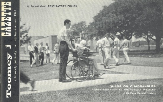 Campus scene with a young woman in a wheelchair.