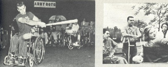 A photographs of a young man in a wheelchair swinging a baseball bat and of a group of young people in wheelchairs.