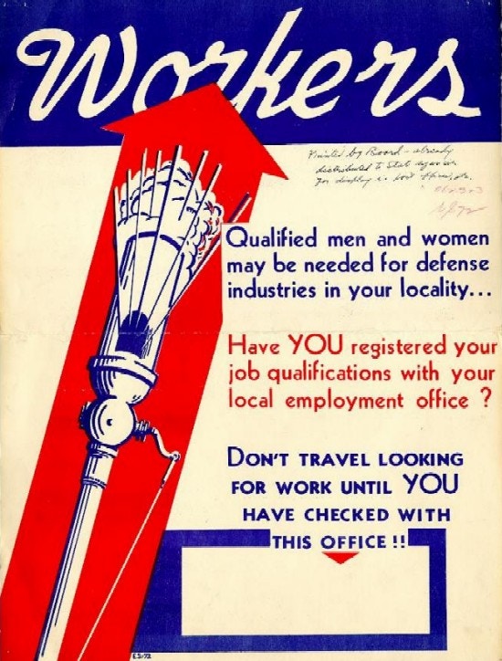 A poster with a factory whistle calls for people to work in defense industries.