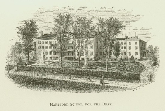 Engraving of an institutional building with trees and hedge.