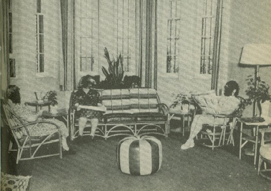 Three women sits in a couch and chairs.  The rooms has a lamp, curtains, and plants.